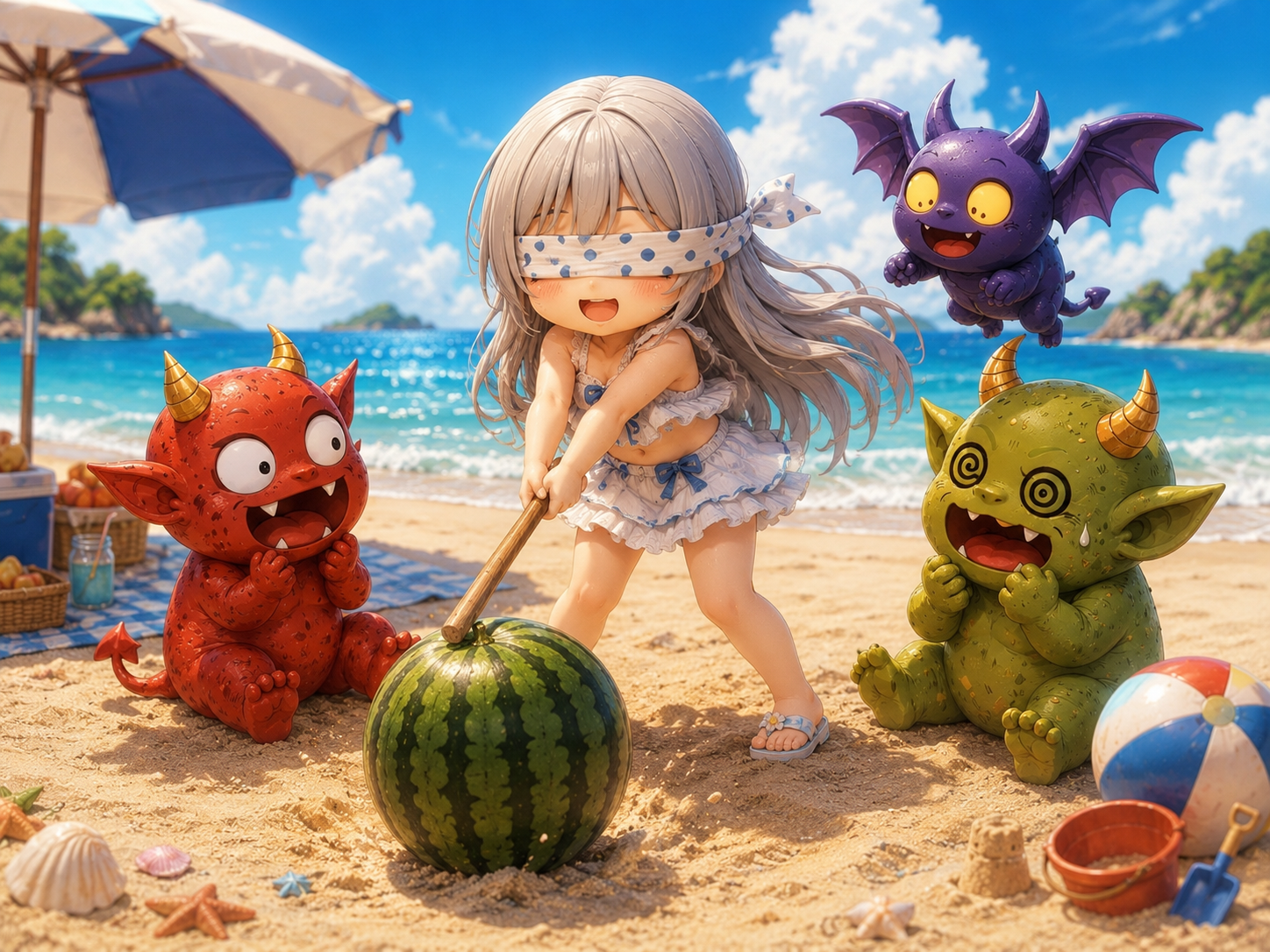 海辺でスイカ割りを楽しむちびサキと魔物たち